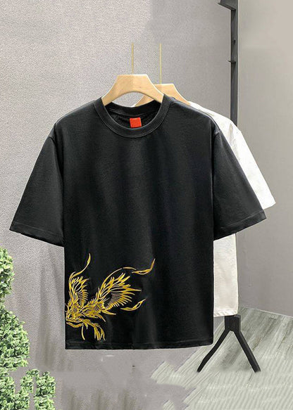 Handmade White O-Neck Embroideried Cotton T Shirts Men Summer LK042