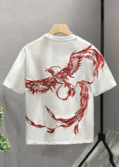 Handmade White O-Neck Embroideried Cotton T Shirts Men Summer LK042