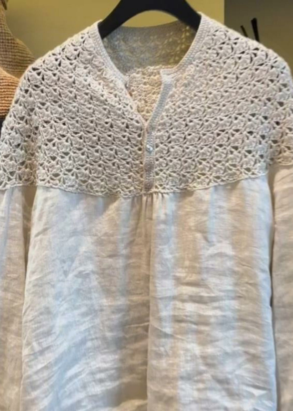 Oversized Handmade Out White Patchwork Summer Tops Linen Hollow