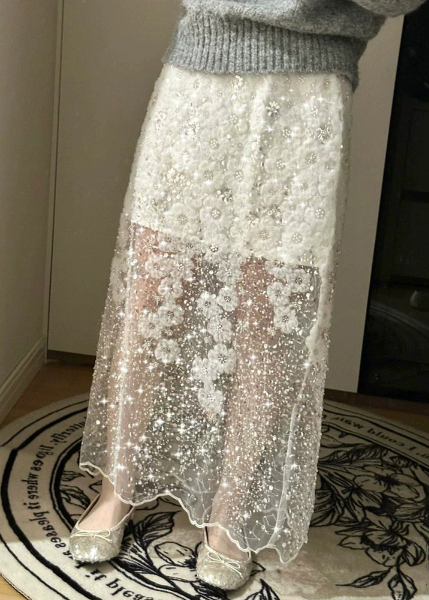 Handmade Summer Tulle Sequins Bead Skirt Nail White