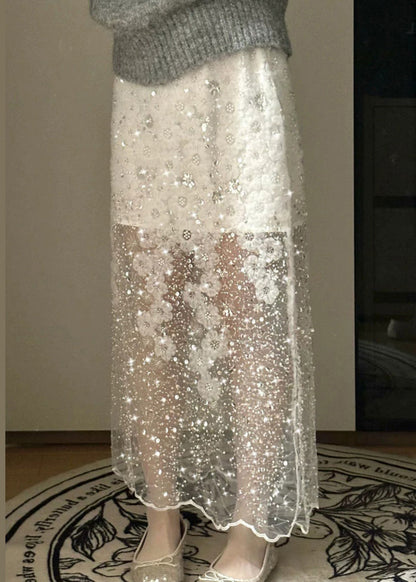 Handmade Summer Tulle Sequins Bead Skirt Nail White