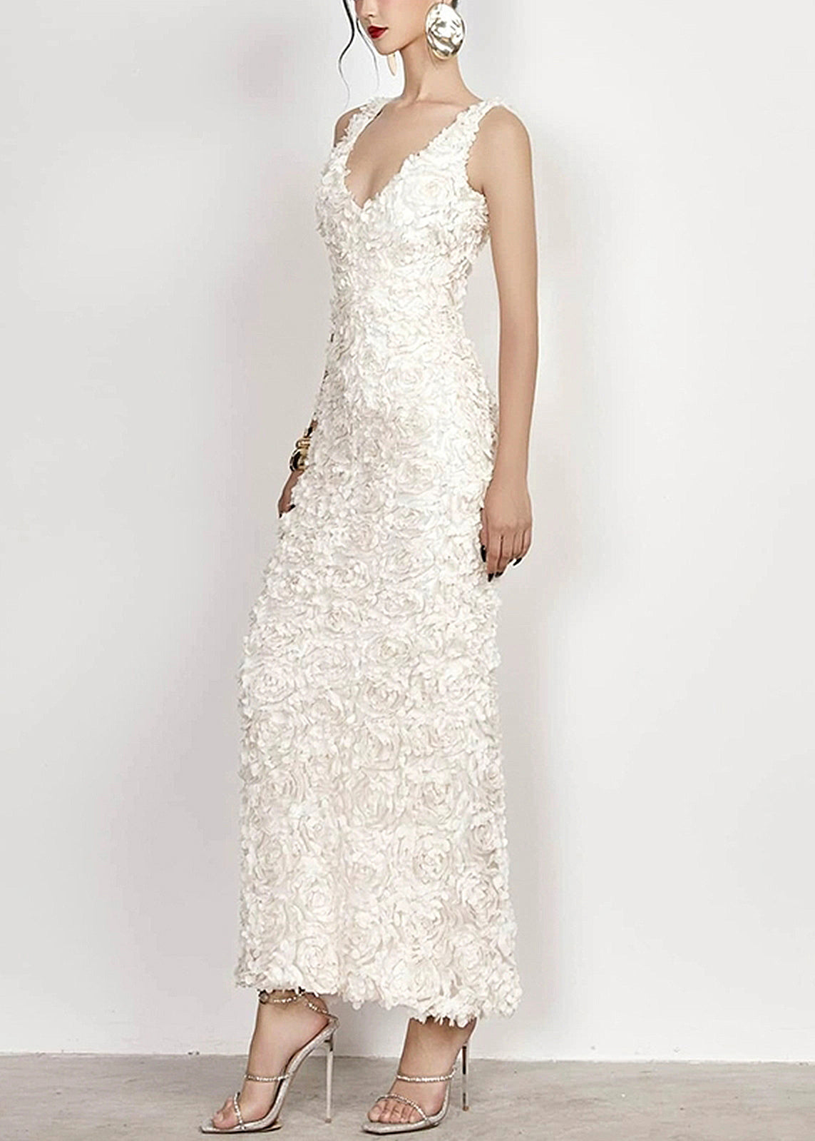 Open Cotton Side Long V Handmade Sleeveless White Dress Neck