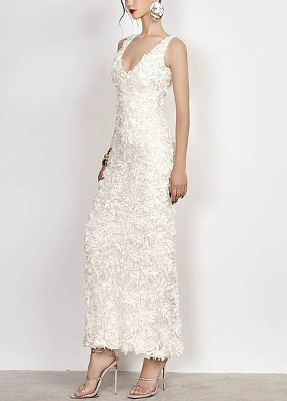 Open Cotton Side Long V Handmade Sleeveless White Dress Neck