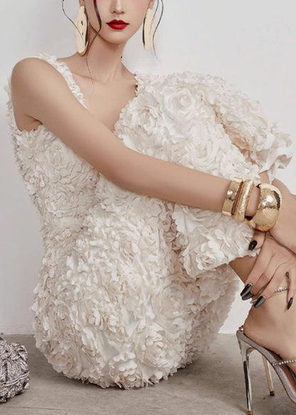 Open Cotton Side Long V Handmade Sleeveless White Dress Neck