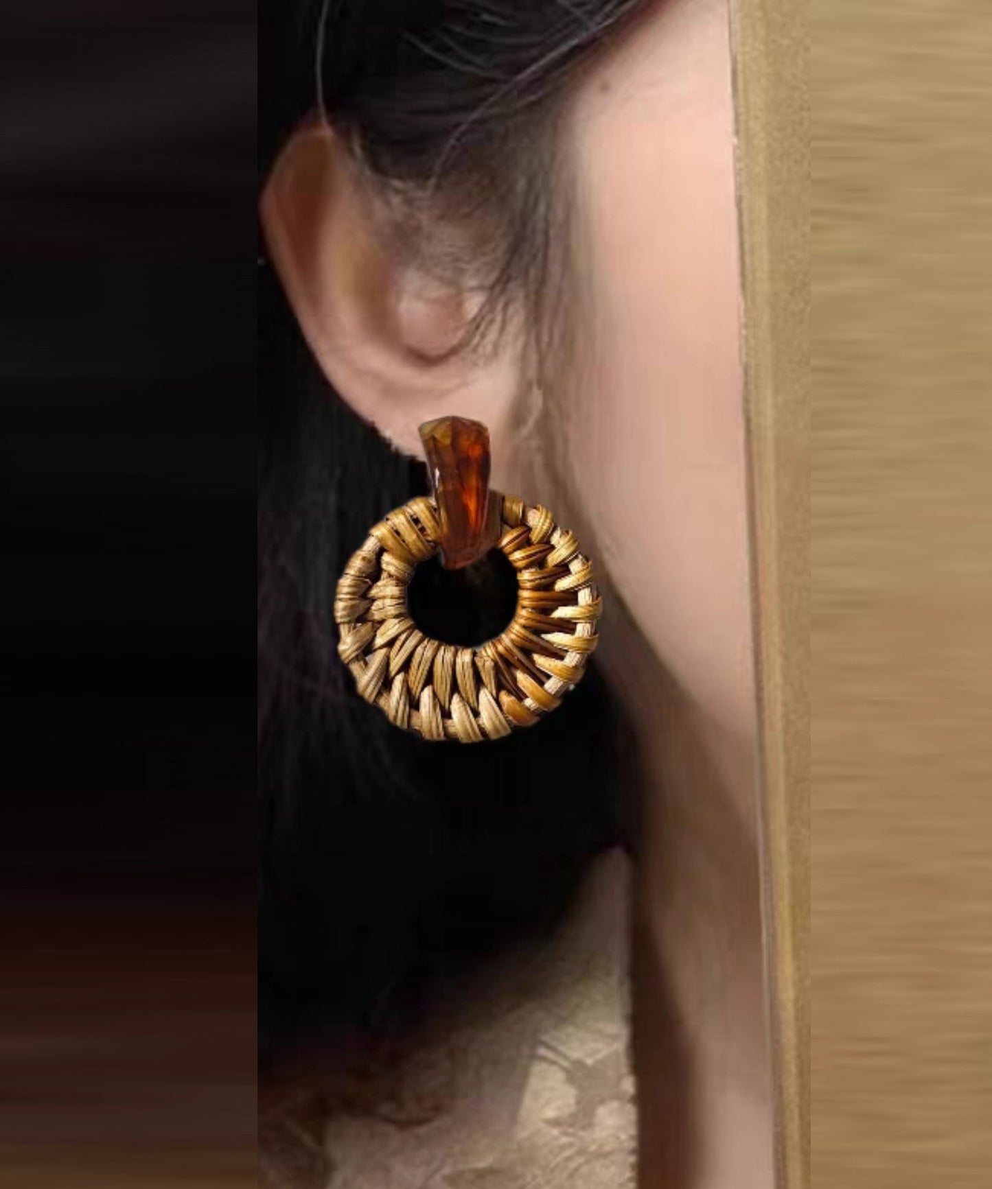 Bamboo Earrings Hoop Weaving Grass Vine Alloy Handmade Yellow