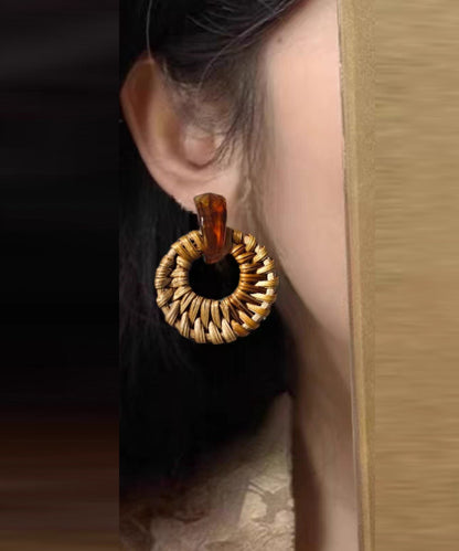 Bamboo Earrings Hoop Weaving Grass Vine Alloy Handmade Yellow