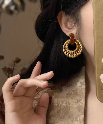 Bamboo Earrings Hoop Weaving Grass Vine Alloy Handmade Yellow