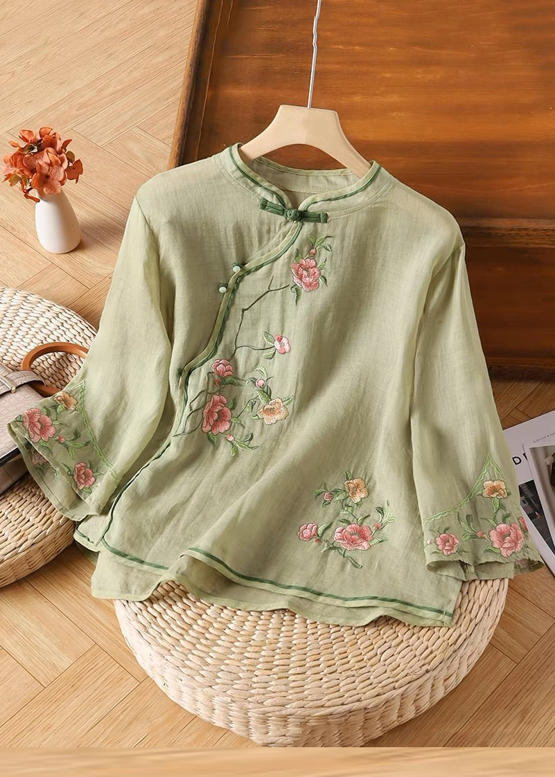 Sleeve Handmade Yellow Linen Embroidered Button Bracelet Shirt