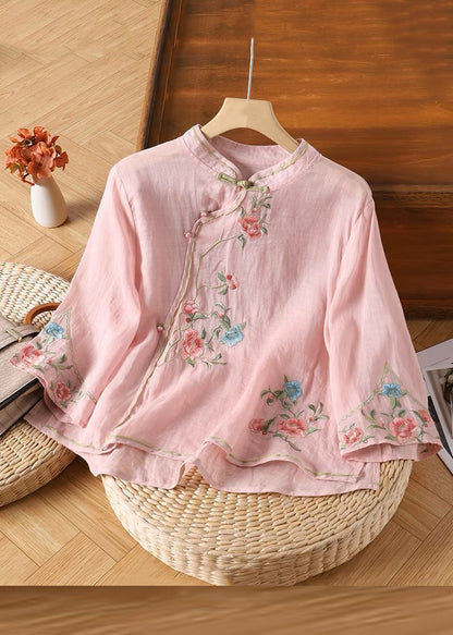 Sleeve Handmade Yellow Linen Embroidered Button Bracelet Shirt