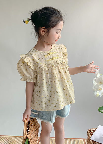 Handmade Yellow O-Neck Print Button Girls Shirts Summer SS1009