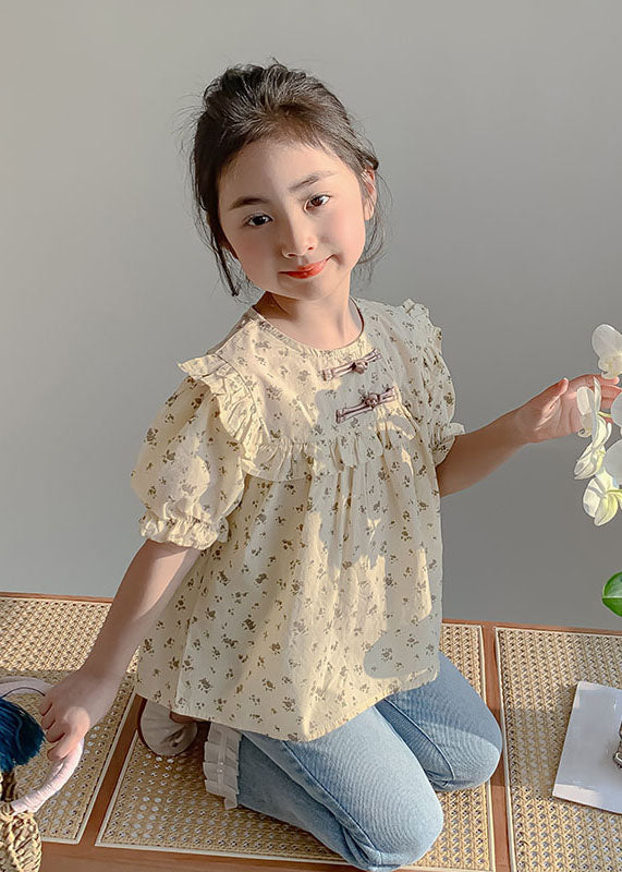 Handmade Yellow O-Neck Print Button Girls Shirts Summer SS1009