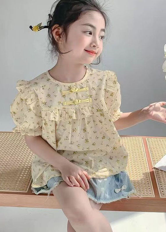 Handmade Yellow O-Neck Print Button Girls Shirts Summer SS1009