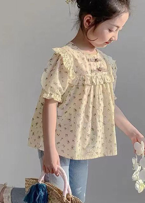 Handmade Yellow O-Neck Print Button Girls Shirts Summer SS1009