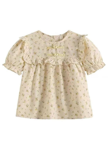 Handmade Yellow O-Neck Print Button Girls Shirts Summer SS1009