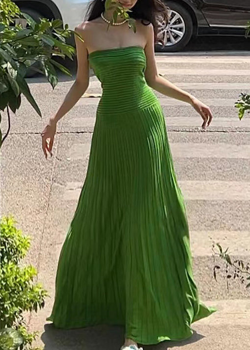 Holiday Style Green Strapless Ice Silk Waist Cinching Dress Summer EE1015