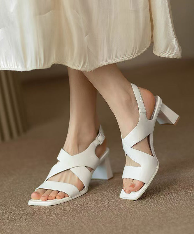 Hollow Chunky Out Heel Faux Sandals Splicing Leather White
