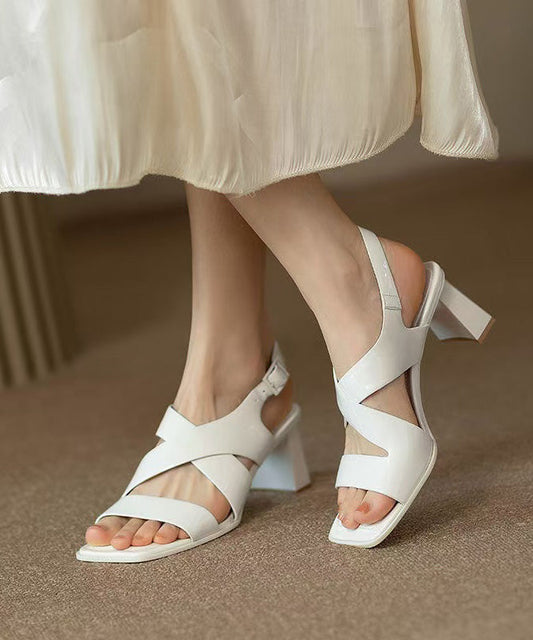 Hollow Chunky Out Heel Faux Sandals Splicing Leather White