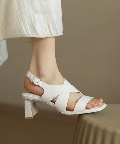 Hollow Chunky Out Heel Faux Sandals Splicing Leather White