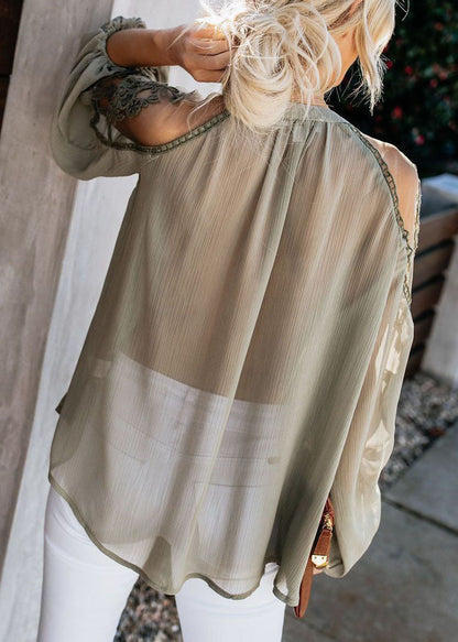 Italian Fall Patchwork Chiffon Top Green Army Tulle