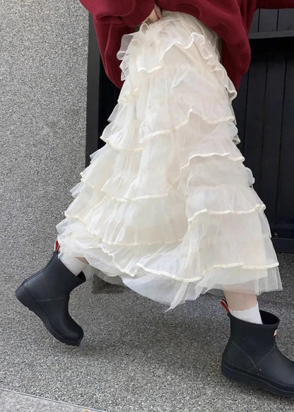 Solid Elastic Italian Tulle Beige Skirts Summer Layered Waist