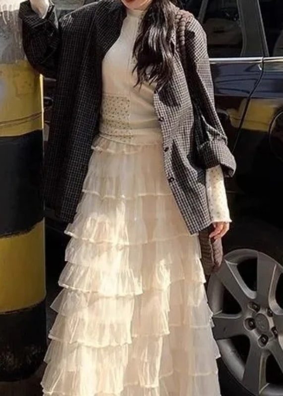 Solid Elastic Italian Tulle Beige Skirts Summer Layered Waist