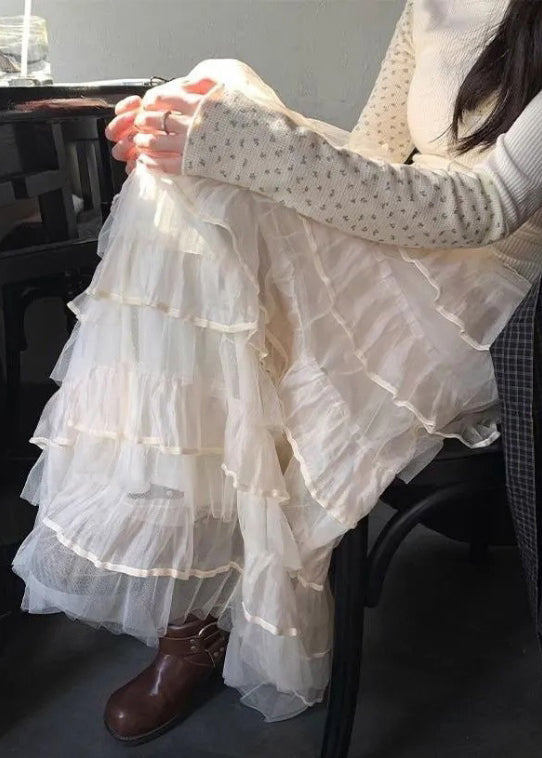 Solid Elastic Italian Tulle Beige Skirts Summer Layered Waist