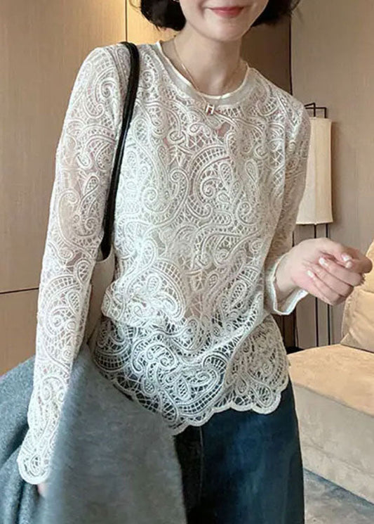 Italian Hollow Lace Beige Out Spring O-Neck Top