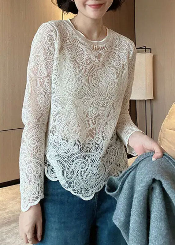 Italian Hollow Lace Beige Out Spring O-Neck Top