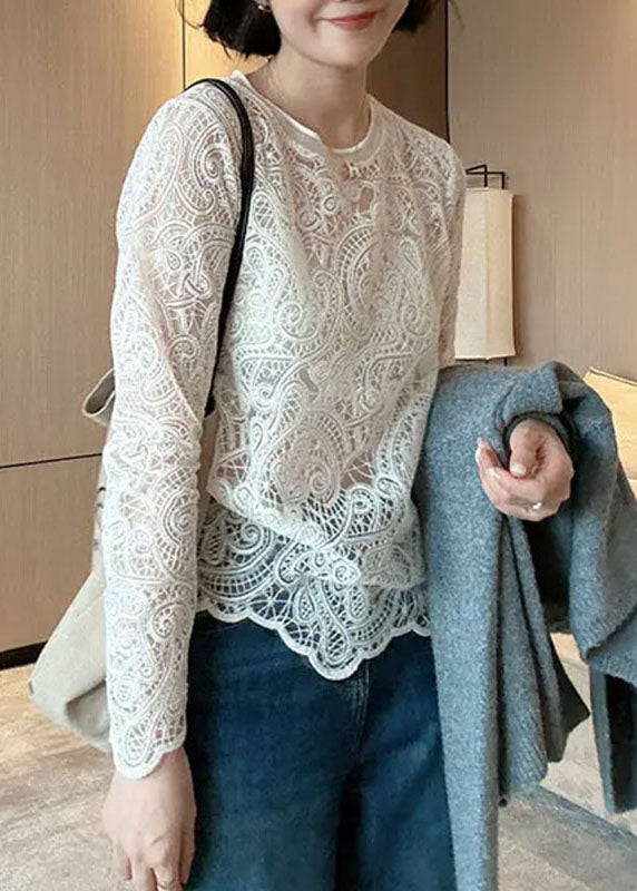 Italian Hollow Lace Beige Out Spring O-Neck Top