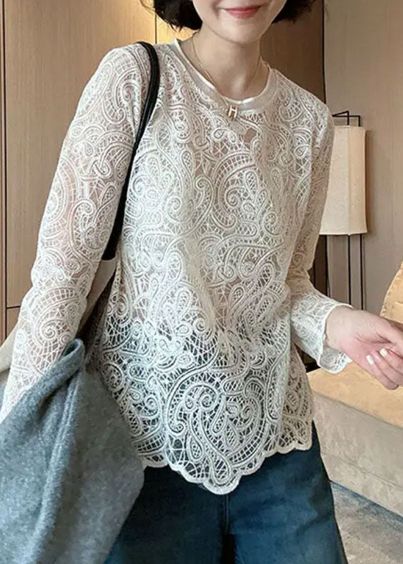 Italian Hollow Lace Beige Out Spring O-Neck Top