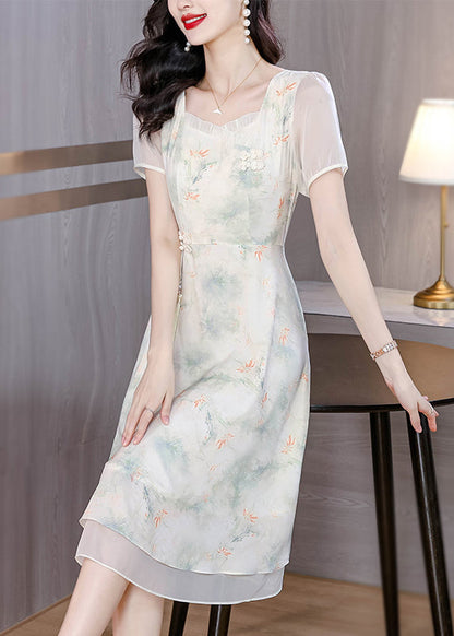 Italian Beige Ruffled Square Collar Print Chiffon Dresses Summer BB007