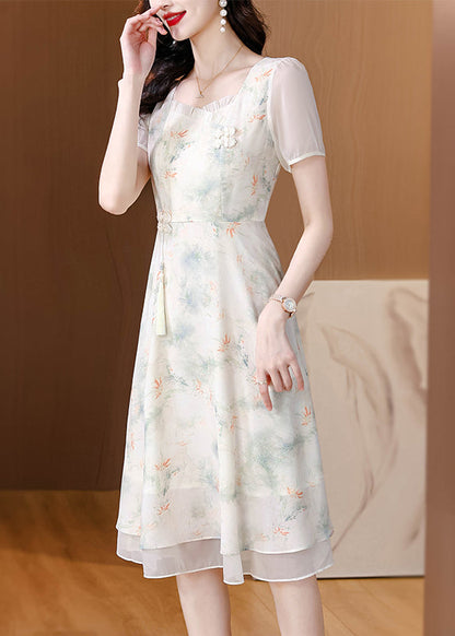 Italian Beige Ruffled Square Collar Print Chiffon Dresses Summer BB007