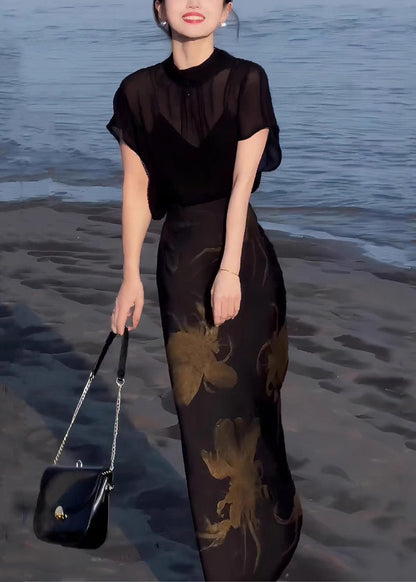 Tops Lace Two Skirts Chiffon Pieces Up And Black Print Italian