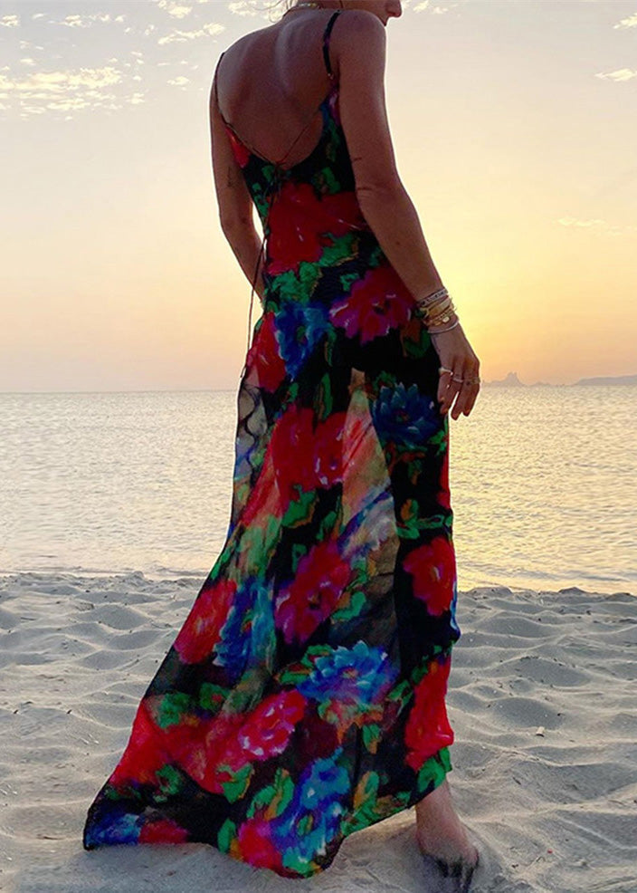 Black Strap Print Summer Italian Dress Chiffon Spaghetti