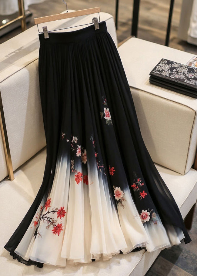 Elastic Skirts Black Chiffon Print Italian Waist Summer