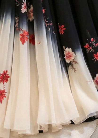 Elastic Skirts Black Chiffon Print Italian Waist Summer