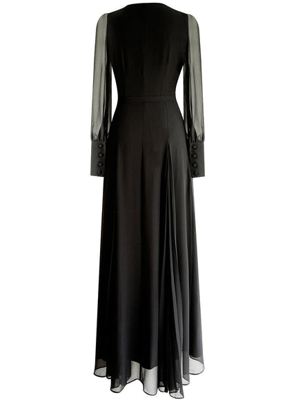 Italienisches schwarzes V-Ausschnitt-Maxikleid aus Chiffon mit Reißverschluss und Falten, Herbst AM1028