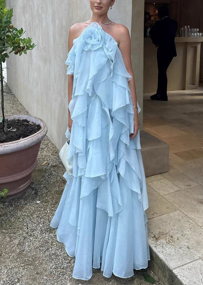 Italian Blue Spaghetti Solid Strap Backless Chiffon Dress