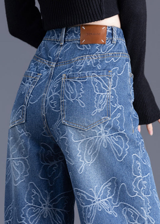 Trousers Denim Pants Waist Italian Blue High Straight Print