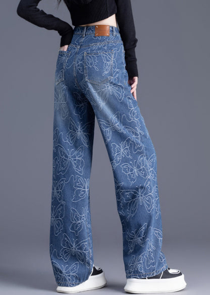 Trousers Denim Pants Waist Italian Blue High Straight Print