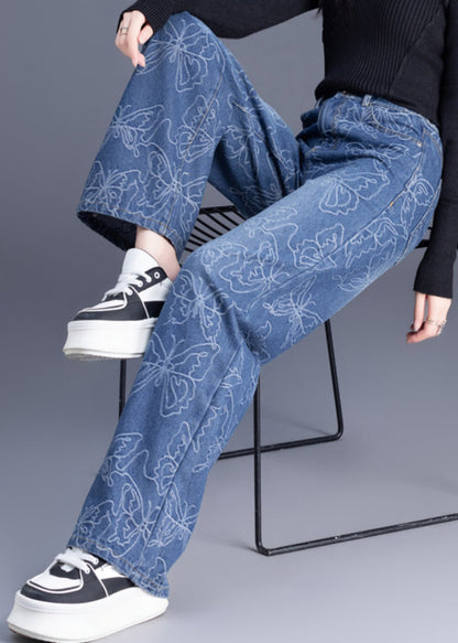 Trousers Denim Pants Waist Italian Blue High Straight Print
