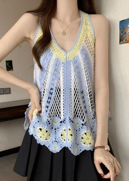 Italian V Knit Shirt Neck Hollow Sleeveless Blue Out T