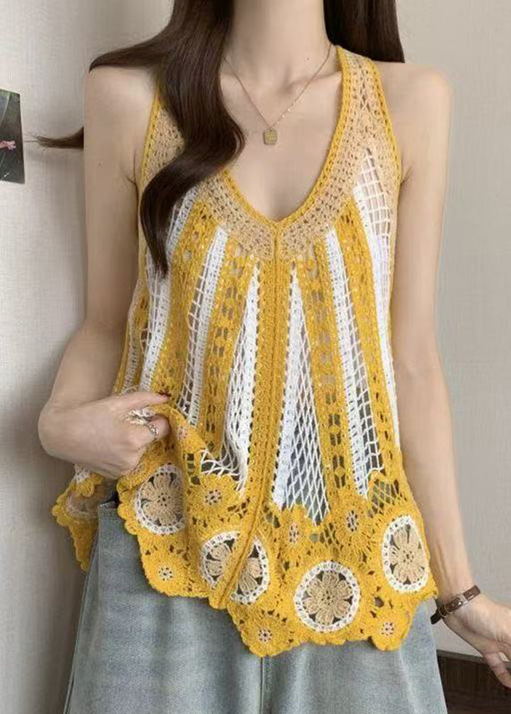 Italian V Knit Shirt Neck Hollow Sleeveless Blue Out T