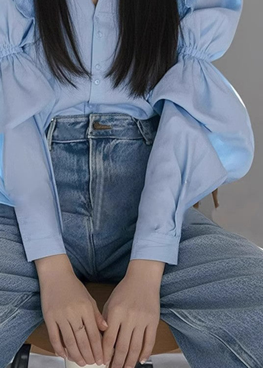 Neck V Cotton Blouse Fall Blue Italian Wrinkled