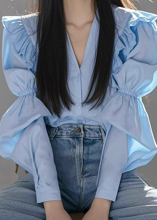 Neck V Cotton Blouse Fall Blue Italian Wrinkled