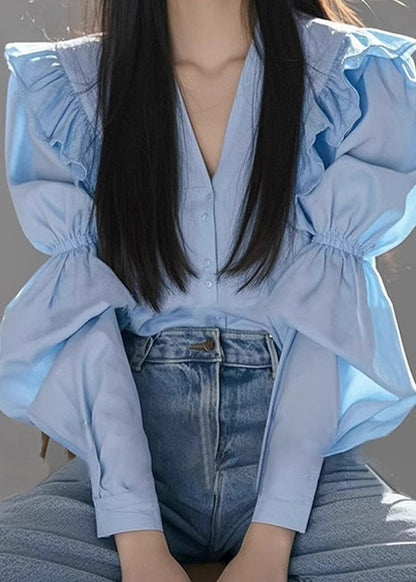 Neck V Cotton Blouse Fall Blue Italian Wrinkled