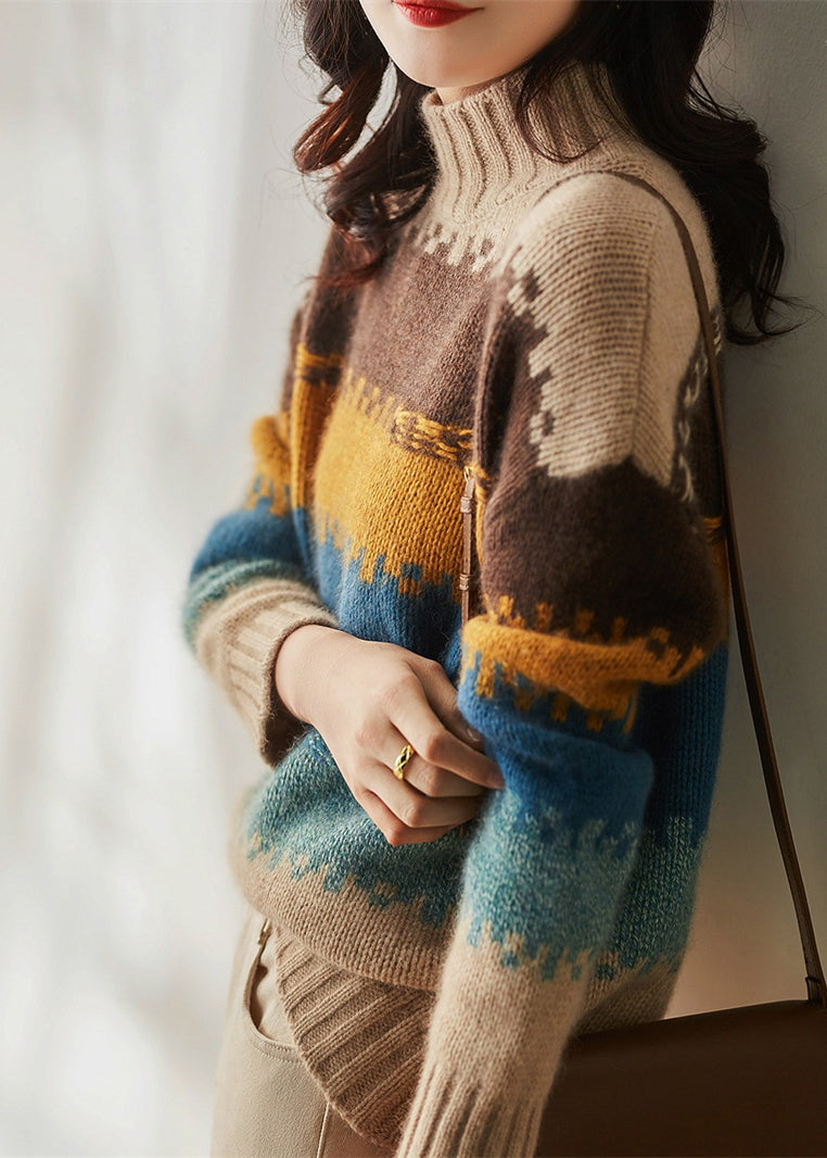 Italian Colorblock Hign Neck Thick Cozy Knit Sweater Spring YY040