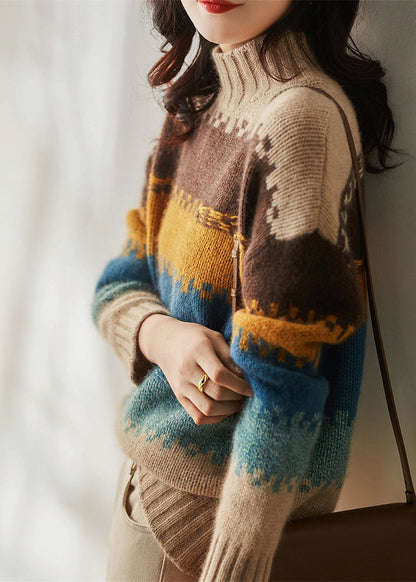 Italian Colorblock Hign Neck Thick Cozy Knit Sweater Spring YY040