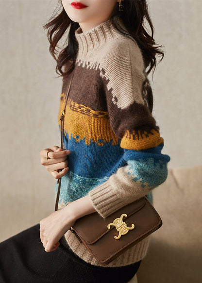 Italian Colorblock Hign Neck Thick Cozy Knit Sweater Spring YY040
