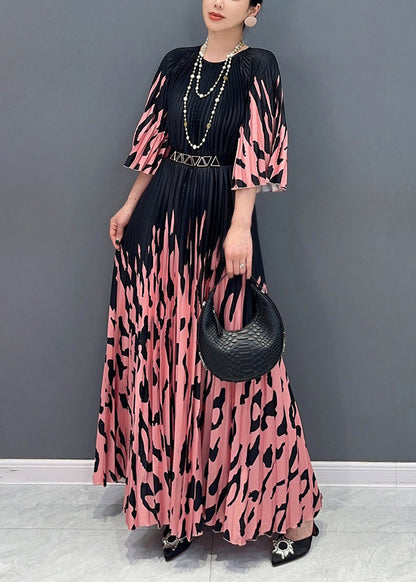 Italian Colorblock O-Neck Cinched Print Long Dresses Bracelet Sleeve UU1015